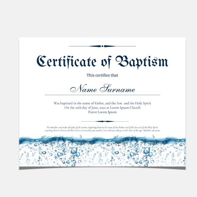 Papier Certificat de baptême d'eau bébé baptême (Certificate of Baptism Water Baby Christening)