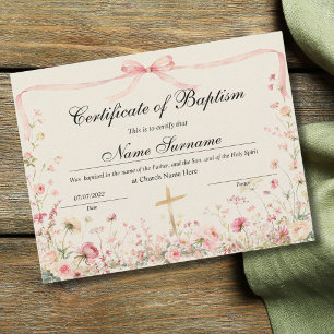 Papier Certificat de baptême, dédicace de bébé