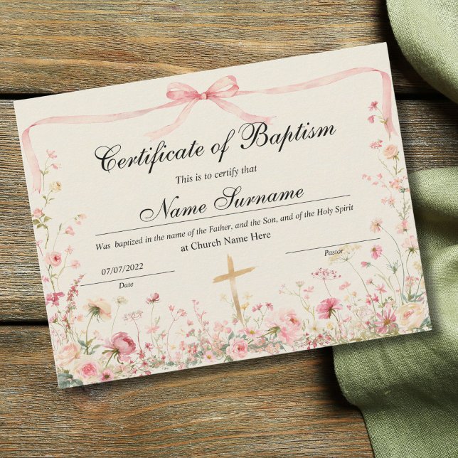 Papier Certificat de baptême, dédicace de bébé (Certificate of Baptism, Baby Dedication for girls with a pink watercolor bow and meadow flowers)