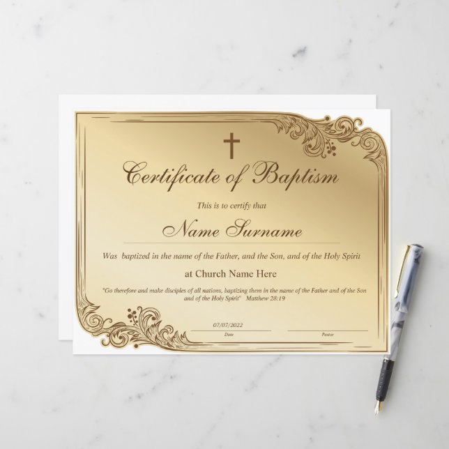 Papier Certificat de baptême, Dédication pour bébés (Devant/Arrière en situation)
