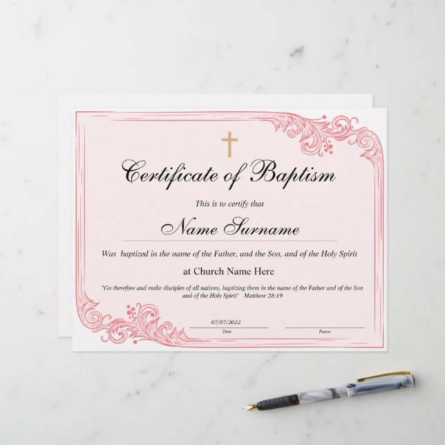 Papier Certificat de baptême, Dédication pour bébés (Devant/Arrière en situation)