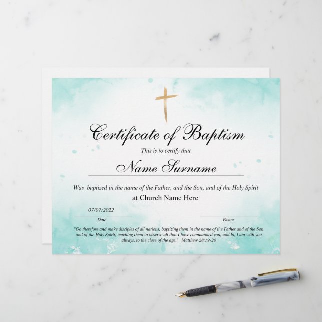 Papier Certificat de baptême, Dédication pour bébés (Devant/Arrière en situation)