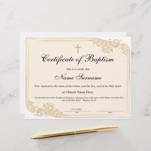 Papier Certificat de baptême, Dédication pour bébés (Devant/Arrière en situation)