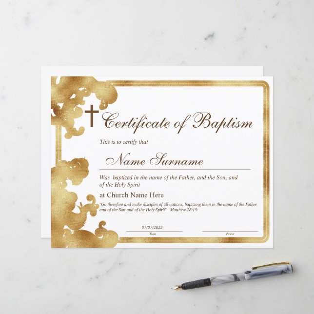 Papier Certificat de baptême, Dédication pour bébés (Devant/Arrière en situation)