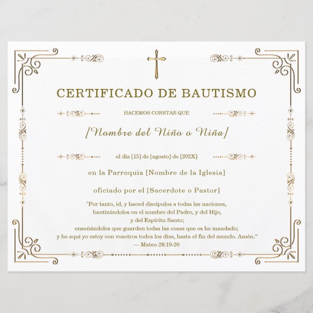 Papier Certificat de Baptême Élégant (Devant)