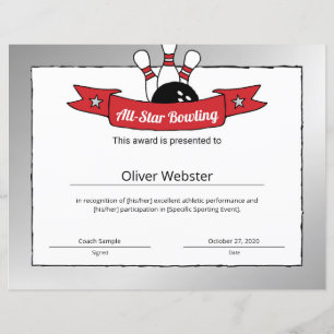 Papier Certificat de bowling All-Star Bowling Player Awar