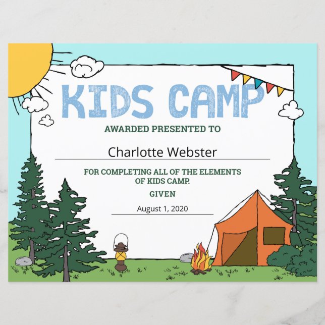 Papier Certificat de camp d'été pour enfants Certificat d (Devant)
