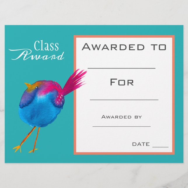 Papier Certificat de classe adorable oiseau bleu enfants  (Devant)