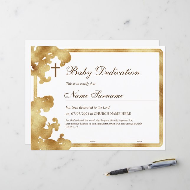 Papier Certificat de dédicace pour bébé en or, Baptême (Devant/Arrière en situation)
