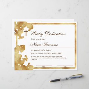 Papier Certificat de dédicace pour bébé en or, Baptême