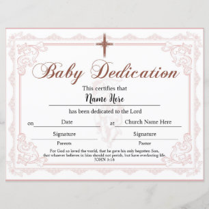Papier Certificat de dédicace pour bébé Fille rose