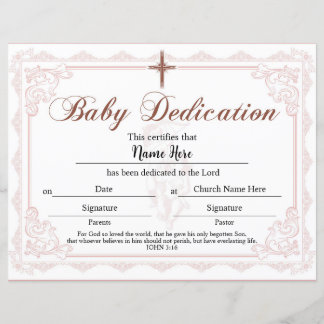 Papier Certificat de dédicace pour bébé Fille rose
