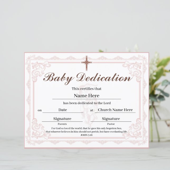 Papier Certificat de dédicace pour bébé rose (Debout devant)