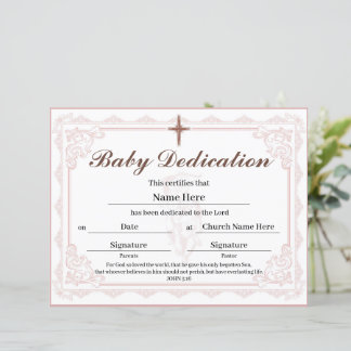 Papier Certificat de dédicace pour bébé rose