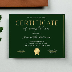 Papier Certificat de fin de formation Badge Vert et Or