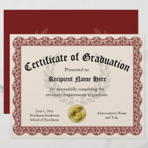 Papier Certificat de fin d'études Rouge Personnalisable 2