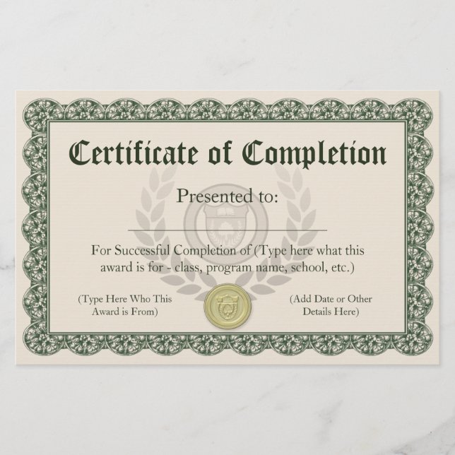 Papier Certificat de fin, personnalisable (Devant)