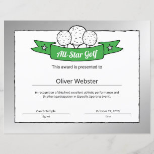 Papier Certificat de golf All-Star Golf Player Award