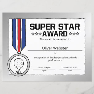 Papier Certificat de golf Super Star Golf Player Award