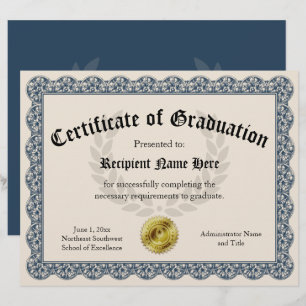 Papier Certificat de Graduation Blue Personnalisable 8,5x