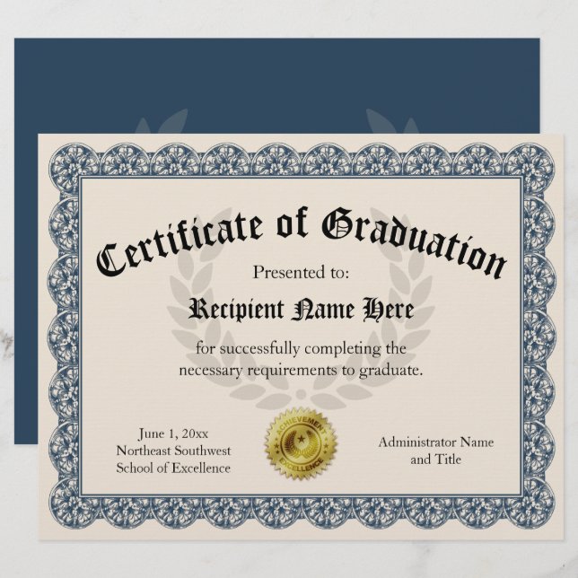 Papier Certificat de Graduation Blue Personnalisable 8,5x (Devant / Derrière)