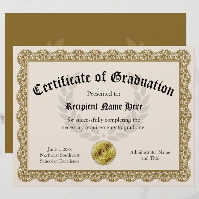 Papier Certificat de Graduation Gold personnalisable 8,5x (Devant / Derrière)