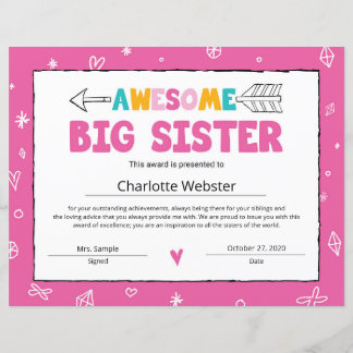 Papier Certificat de grande soeur rose