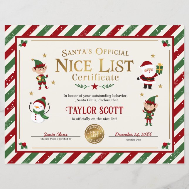 Papier Certificat de la liste des gentils de Papa Noël (Devant)