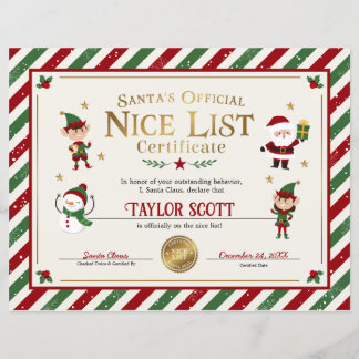 Papier Certificat de la liste des gentils de Papa Noël