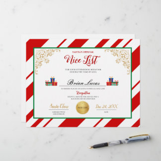 Papier Certificat de la Nice List de père Noël