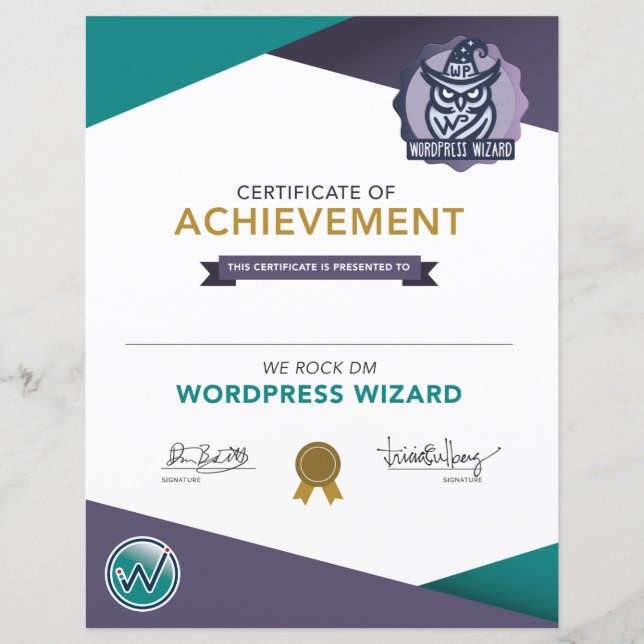 Papier Certificat de l'Assistant Wordpress We Rock DM (Devant)