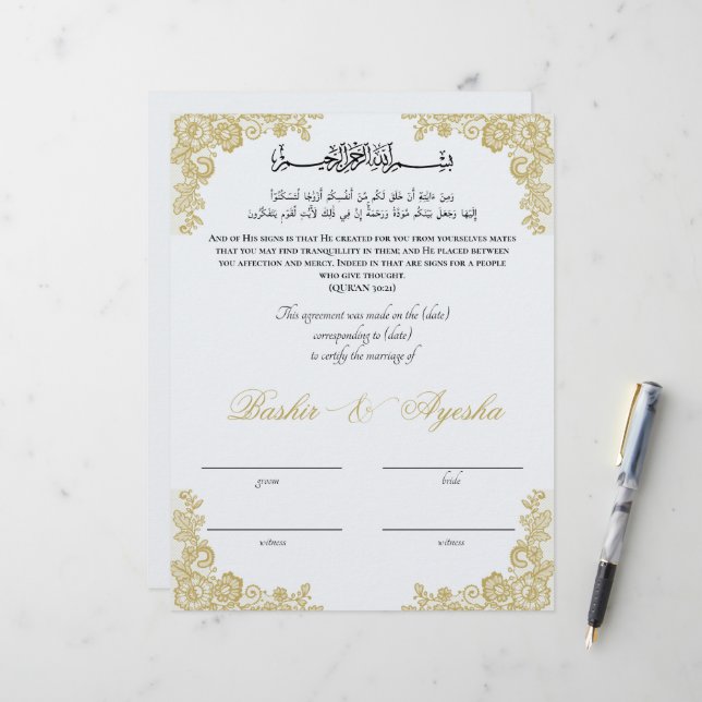 Papier Certificat de mariage Nikkah personnalisé instanta (Devant/Arrière en situation)