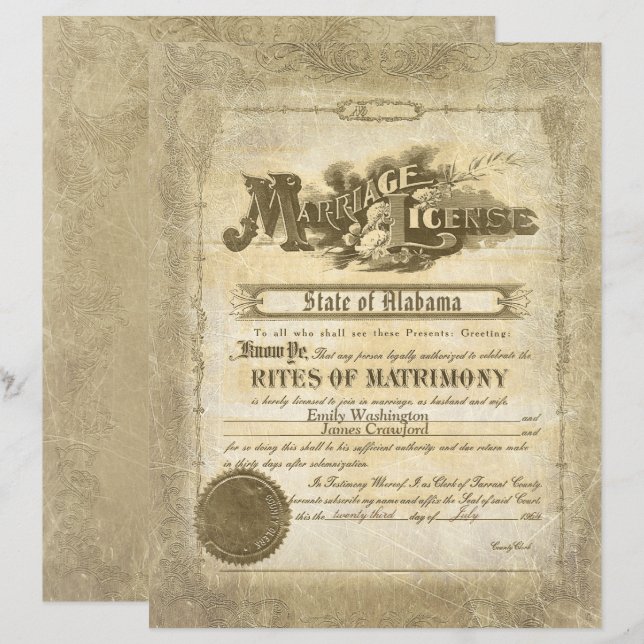 Papier Certificat de mariage vintage (Devant / Derrière)