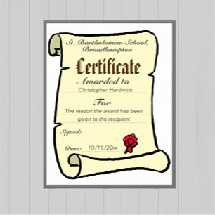 Papier Certificat de mérite avec nom et raison de l'attri