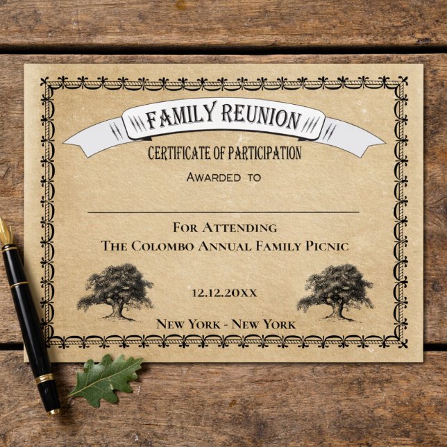 Papier Certificat de participation à la réunion de l'arbr (Family Reunion Event Certificate. Prizes, participation, award. Family Tree Design,)
