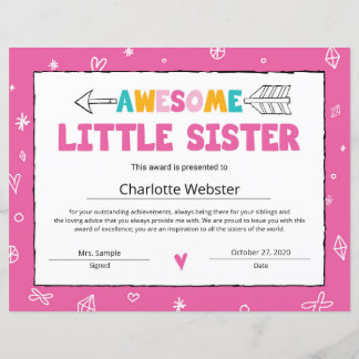 Papier Certificat de petite soeur rose