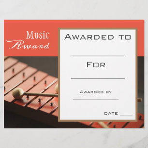 Papier certificat de prix de percussion musicale professe