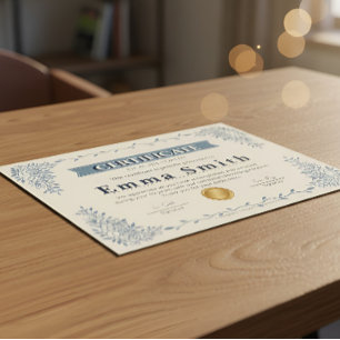Papier Certificat de Réalisation Floral Bleu Élégant Des