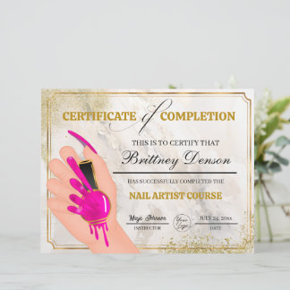 Papier Certificat de Réalisation Prix Technicien en Ongle