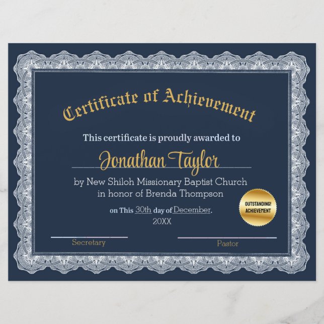 Papier Certificat de réussite bleu et or (Devant)