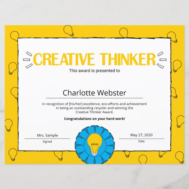 Papier Certificat de réussite de penseur créatif PDF (Devant)