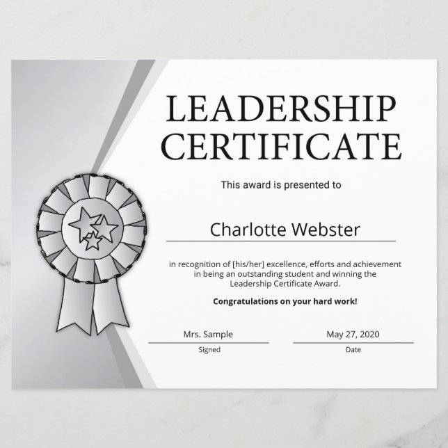 Papier Certificat de réussite en leadership en argent PDF (Devant)