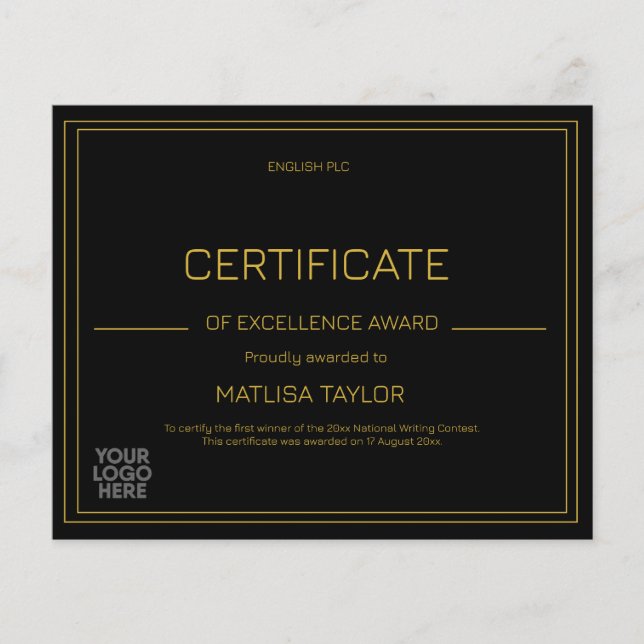 Papier Certificat d'excellence Ajouter un logo  (Devant)