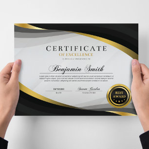 Papier Certificat d'Excellence Black & Gold Award