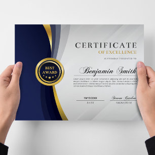 Papier Certificat d'Excellence Blue & Gold Award