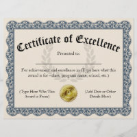 Certificat d'excellence Blue personnalisable 8,5 x