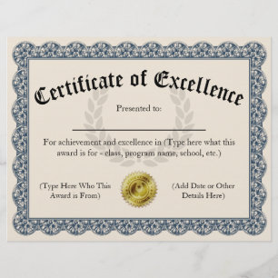 Papier Certificat d'excellence Blue personnalisable 8,5 x
