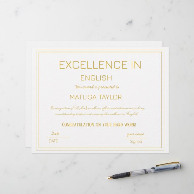Papier Certificat d'excellence en anglais (Devant/Arrière en situation)