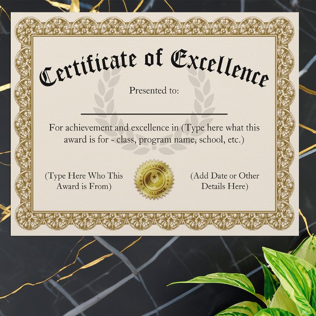 Papier Certificat d'excellence Gold personnalisable 8,5 x (Certificate of Excellence)