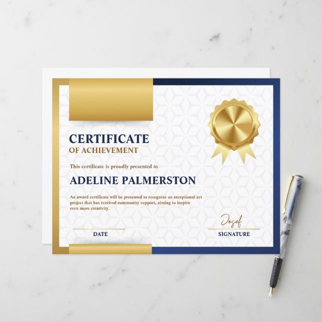 Papier Certificat d'excellence moderne bleu et or (Devant/Arrière en situation)